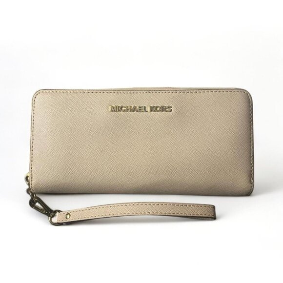 MICHAEL KORS - Large Smartphone Wristlet Wallet Light Beige/Gold - Picture 1 of 4